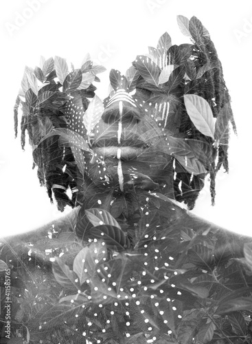 Plakat A young man's black and white double exposure portrait