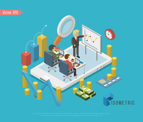 Busines concept of crowdfunding. Isometric businessman with a light bulb over his head as a symbol of a business idea. 3d businessman among the money, packs of dollars and coins.