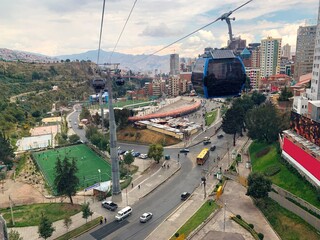 La Paz city capital of Bolivia urban cityscape, aerial cable car transport, scenic city view, casual life of Bolivian people.