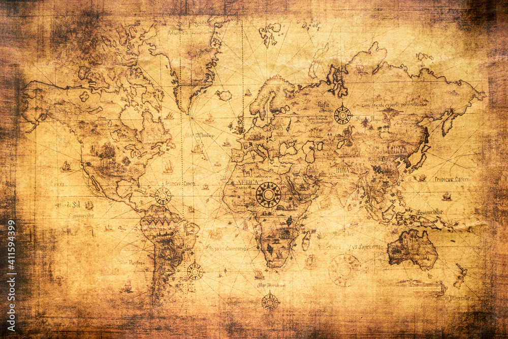 Vintage world map on an old stained parchment Stock Photo | Adobe Stock