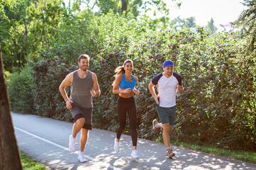 Sticker - Group of young people in sports clothing running in city park.