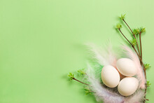 White Easter Eggs In A Delicate Nest Of Colored Feathers With Unfurled Leaf Buds On The Branches. Spring, A Religious Holiday, The Birth Of Life. Copy Space. Pale Green Background
