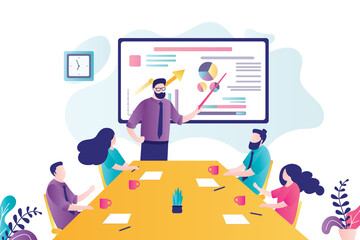Wall Mural - Businessman presents new project to colleagues. Team met at business conference. Various stats, charts on board.