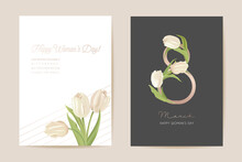 Modern Woman Day 8 March Holiday Card. Spring Floral Vector Illustration. Greeting Realistic Tulip Flowers