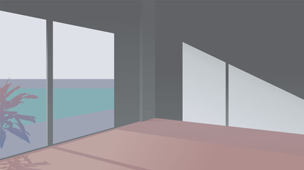 Quite ambient blank room and windows see swimming pool outside with tropical palm and light reflect to the wall, cool pastel tint color scheme, sunday of summer vibe, minimal aesthetic illustration ba