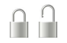 Metallic Padlocks Set. Steel Silver Closed And Open Padlock Isolated On White Background