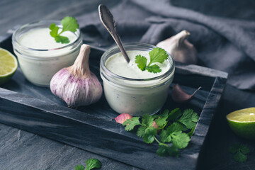 Cilantro garlic sauce with lime juice and olive oil