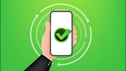 Poster - Smartphone with checkmark or tick notification in bubble. Approved choice. Accept or approve checkmark.