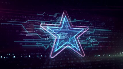 Wall Mural - Star symbol. Success, champion, celebration, best quality sign in digital style. Cyber shape glowing loop icon. Abstract loopable and seamless 3d rendering animation.