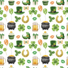 Seamless Pattern For St Patrick Day With Gnomes And Lucky Clover Leaves. Watercolor Cartoon Dwarf Repeated Backdrop