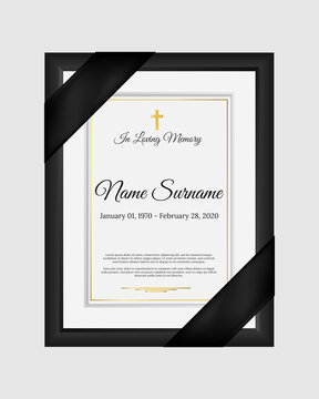 Wall Mural - Funeral photo frame with black ribbon in corner, name, birth and death dates. Funeral mourning border and font in loving memory on black background. Vector illustration