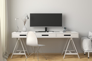 Wide screen display mock up. Workplace with white desk and wall.