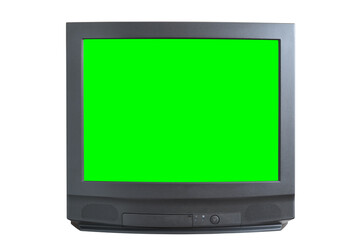 Black vintage green screen TV for adding new images to the screen. Isolated on white background.