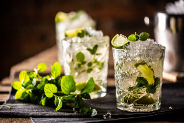 Canvas Print - Mojito or virgin mojito long rum drink with fresh mint, lime juice, cane sugar and soda