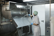 Portrait Of Female Worker Washing Curdling Machine In Workshop At Cheesemaking Factory, Copy Space