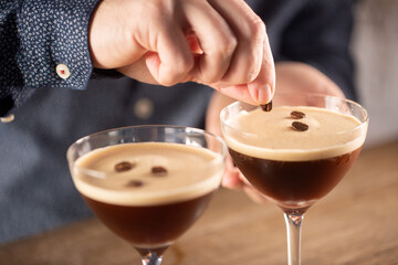 Sticker - Espresso martini vodka short drink as a coffee cocktail inclduing coffee liqueur and vanilla syrup