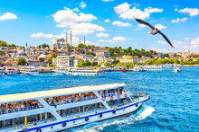 Touristic Sightseeing Ships In Golden Horn Bay Of Istanbul And View On Suleymaniye Mosque With Sultanahmet District. Seagull On The Foreground. Istanbul, Turkey During Sunny Summer Day.