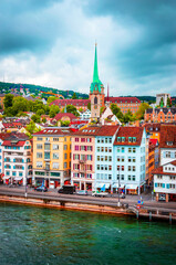 Wall Mural - Aerial view on beautiful river Limmat and city center of Zurich, Switzerland