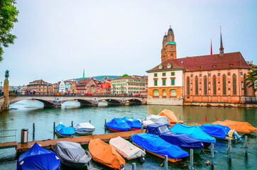 Wall Mural - Beautiful river Limmat and city center of Zurich, Switzerland
