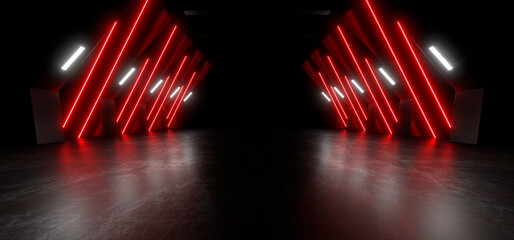 Wall Mural - sci fy neon lamps in a dark tunnel. reflections on the floor and walls. 3d rendering image.