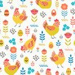 Vector seamless pattern of ornate chickens and Easter eggs with folk floral elements