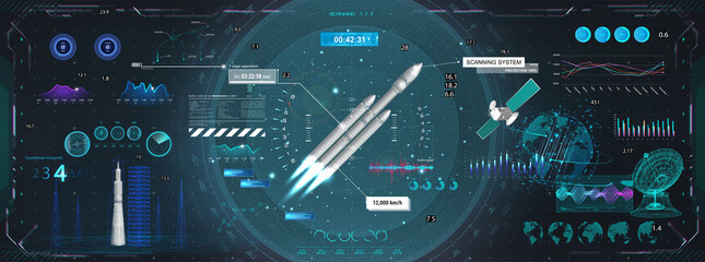Wall Mural - Rocket launch and flight, dashboard, HUD style control center. Set of space elements for GUI, UI, UX and education App. Sci-fi 3D elements with HUD, UI interface. Cockpit dashboard graphic panel.