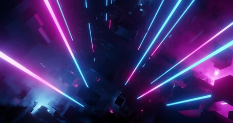 Poster - Neon City with Light Tech Digital effect. Bright Pink and Blue Neon lens flares, misty environment.  Perfect for VJ, projection , nightclub , party , LED, techno EDM video display. 3D render, 4K loop