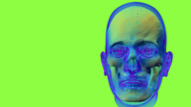 Hologramm, menschlicher Schädel, Knochen, Skelet, Gitterstruktur bläulich, Hintergrund grün ~ 3D Rendering