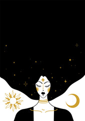 Wall Mural - Mystical vector vintage illustration, face of a witch girl with black hair, card with copy space, space background with sun, moon and stars. Concept for meditation, tarot, witchcraft