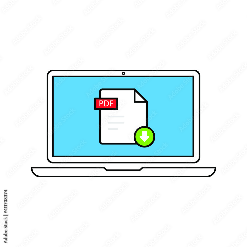 Download PDF button on laptop screen. Downloading document concept. File with PDF label and down arrow sign. Modern long shadow flat design color editable