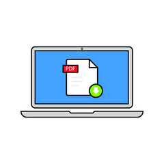 Wall Mural - Download PDF button on laptop screen. Downloading document concept. File with PDF label and down arrow sign. Modern long shadow flat design color editable