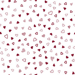 Wall Mural - Color pattern with hearts. Chaotic pattern hearts. Seamless vector pattern dark red hearts on white background. Doodle style. Backdrop for valentines day or card love.