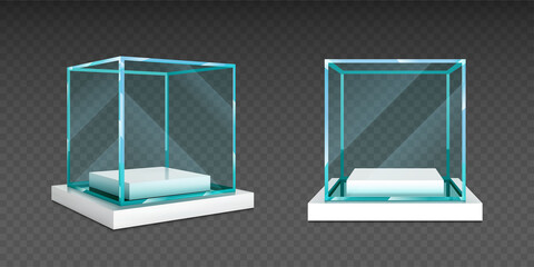 Wall Mural - Glass cube box on white stand. Empty clear square showcase on podium in front and angle view. Vector realistic mockup of 3d acrylic or plexiglass box for exhibit isolated on transparent background