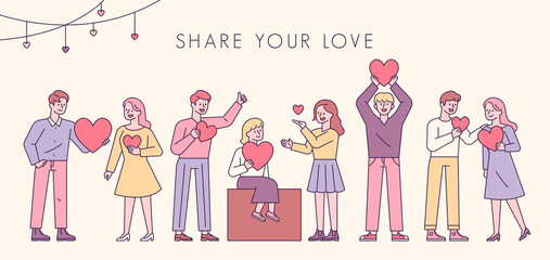 Wall Mural - share your love. people are standing in a line with hearts in their hands. flat design style minimal