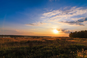 Wall Mural - summer landscape with meadow and beautiful sunset with forest and river