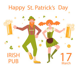 Saint Patricks Day greeting card. Joyful leprechauns with mug of beer dancing. Flat Art Vector illustration