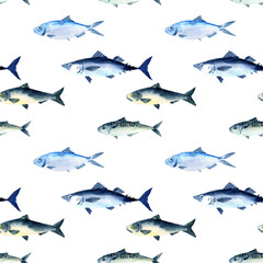 watercolor drawing seamless pattern with fishes