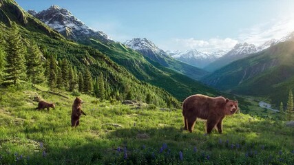 a mother brown bear coming out of the cave with two cubs, flowers blooming in spring, wild free life