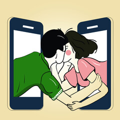 couple kissing through smartphone, showing long distance relationships