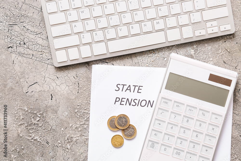 Coins with calculator, computer and paper sheets with text STATE PENSION on grunge background