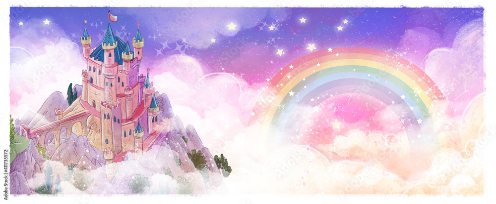 Magic castle in the sky with rainbow Stock Illustration | Adobe Stock