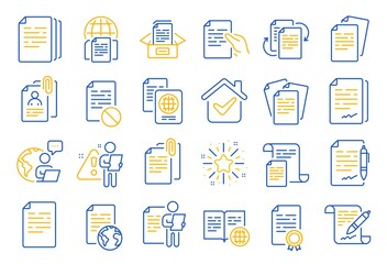 Poster - documents line icons. copy files, contract agreement, passport. cv interview, documents workflow, at