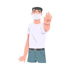 Wall Mural - Young Man Wearing Face Mask Showing Stop Virus Sign with His Hand Vector Illustration