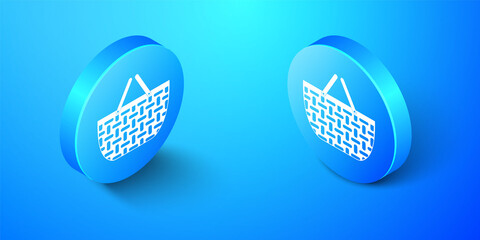 Poster - Isometric Shopping basket icon isolated on blue background. Online buying concept. Delivery service sign. Shopping cart symbol. Blue circle button. Vector.