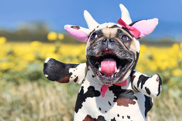 Wall Mural - Funny French Bulldog dog with mouth wide open wearing full body cow costume with fake arms, horns, ears and ribbon