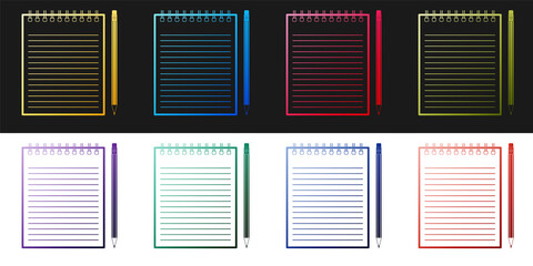 Poster - Set Blank notebook and pencil with eraser icon isolated on black and white background. Vector.