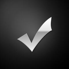 Fototapete - Silver Check mark icon isolated on black background. Tick symbol. Long shadow style. Vector.