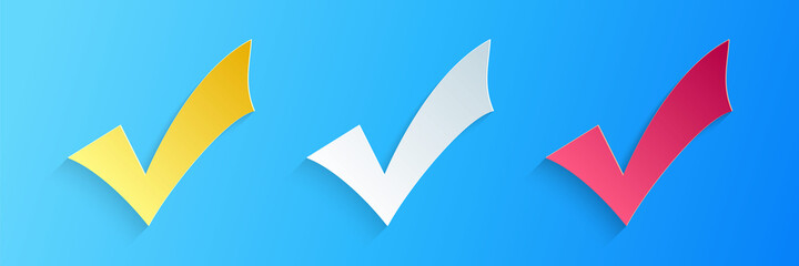 Fototapete - Paper cut Check mark icon isolated on blue background. Tick symbol. Paper art style. Vector.