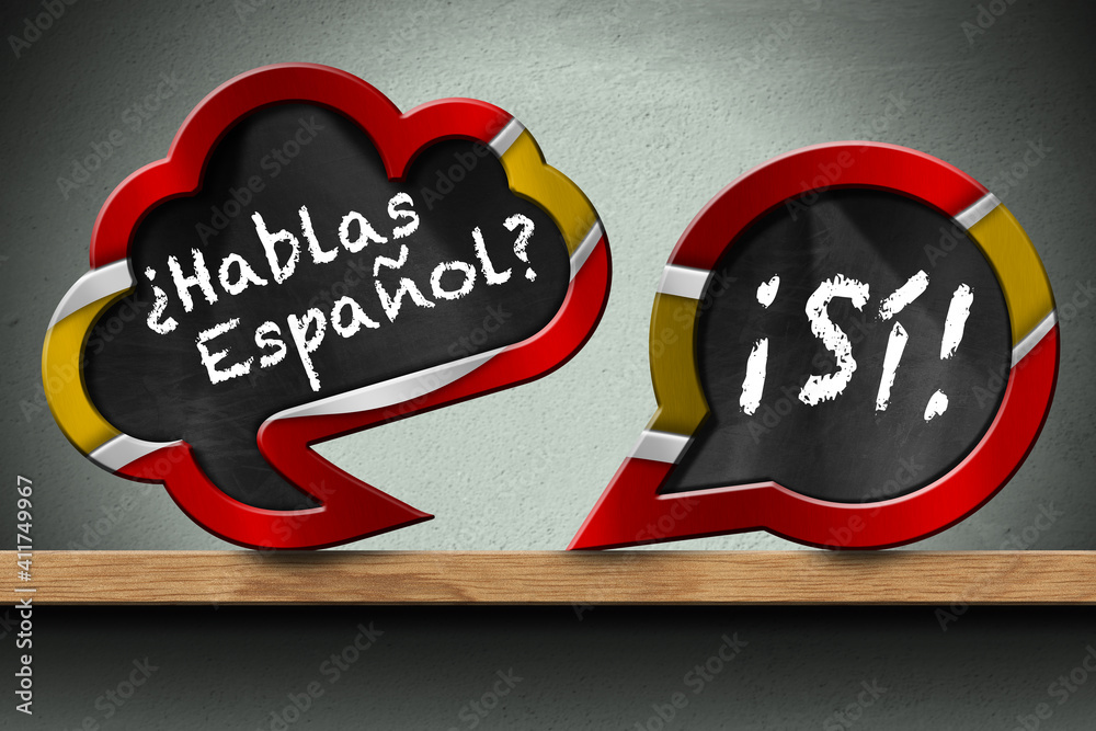 3D illustration of two speech bubbles with Spanish flag and question Hablas Espanol? and Si! (Do you speak Spanish? and Yes!). On a wooden shelf with a wall on background. - obrazy, fototapety, plakaty 