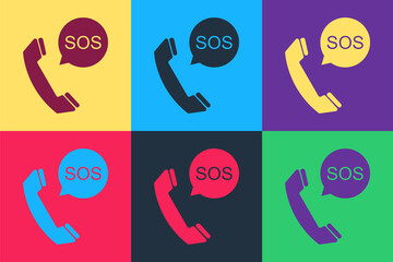 Poster - Pop art SOS call icon isolated on color background. 911, emergency, help, warning, alarm. Vector.